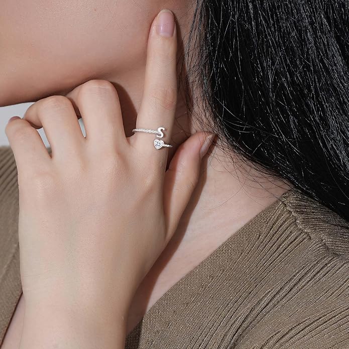 Step Forward 925 Sterling Silver Adjustable Initial Ring for Women | Non Tarnish Letter Rings for Lady | Alphabet Heart Thumb Rings | Capital Letter Jewelry Gifts