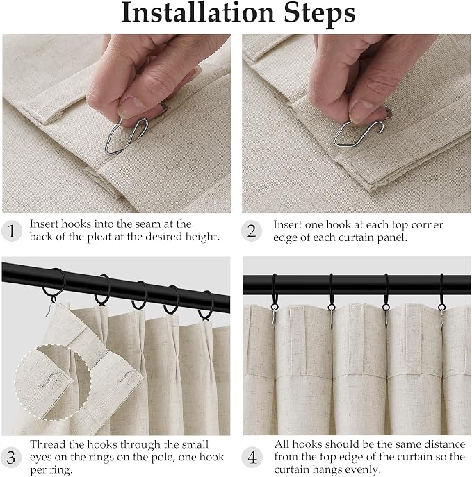 Vanilla Pinch Pleated Linen Curtains 84 Inches Long for Living Room Bedroom Pinch Pleat Drapes Rings Hooks Back Tab Light Filtering Boho Farmhouse Semi Sheer 84 Inch Curtain for Dining Room 40x84