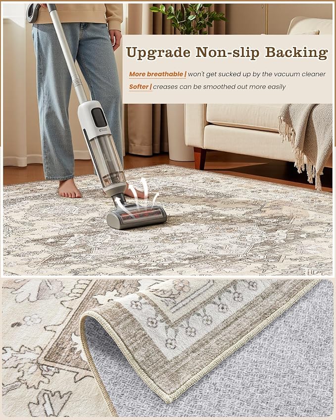 12x15 Vintage Area Rug: Washable Neutral Soft Non Slip Thin Large Floor Carpet for Living Room Bedroom Kitchen Dining Room Home Office Farmhouse Indoor - Brown