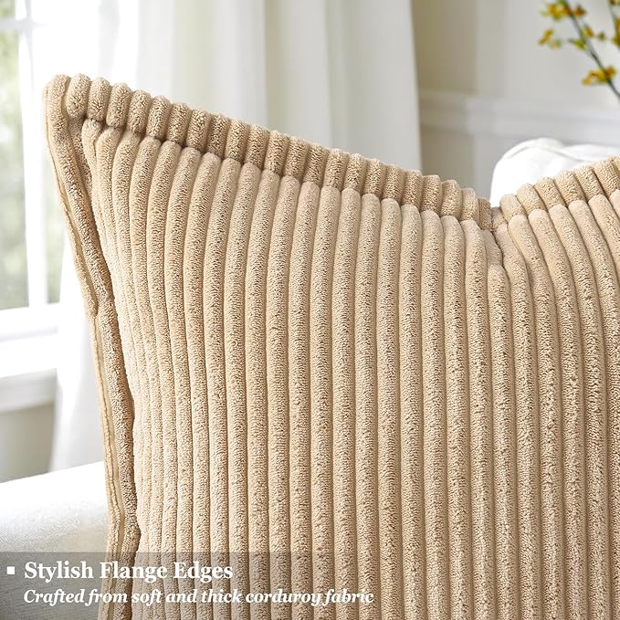 decorUhome Fall Corduroy Light Brown Throw Pillow Covers 12x20 Set of 2 | Lumbar Couch Decorative Soft Modern Boho Farmhouse Pillow Covers Broadside Striped Pillow Cases for Living Room Bed Sofa