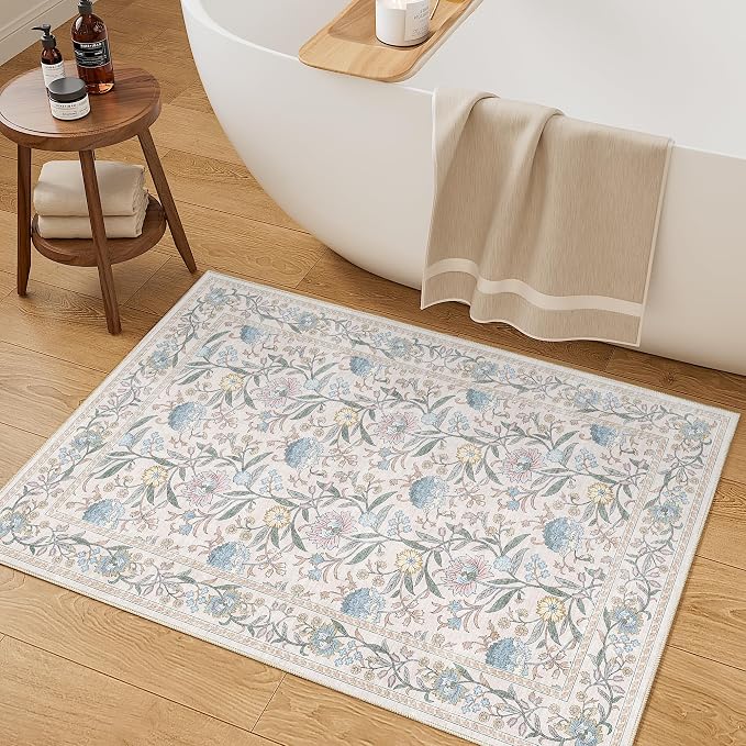 DUKINO 2x3 Rug, Washable Vintage Floral Bathroom Rugs Non Slip, Cream Blue | Low Pile, Stain Resistant Boho Soft Indoor Door Mat, Small Front Door Carpet for Entryway Kitchen Laundry Bedroom Farmhouse