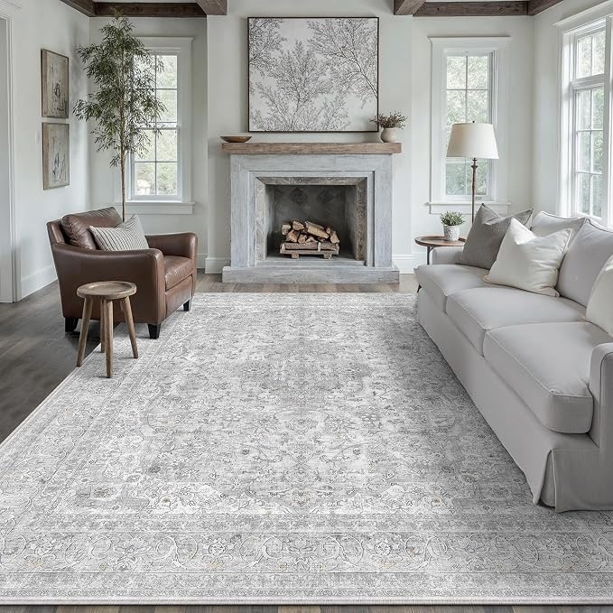 PureCozy 8x10 Area Rug Washable Gray Vintage Traditional Oriental | Non Slip, Soft Low Pile, Indoor Carpet for Living Room, Bedroom, Dining Room, Distressed Retro Decor