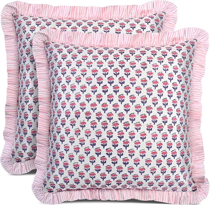 CPC Pink Sapphire Ruffle Throw Pillow Covers for Couch, 24x24 Inch Cotton Stripe Ruffle Couch Pillows for Living Room, Hidden 20 Inch Zipper Boho Pillow Case or Cute Outdoor Pillows