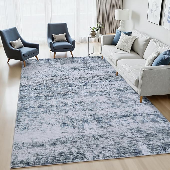 6x9 Area Rugs Living Room Rug Modern Abstract Neutral Washable Rugs Non Slip Soft Carpet Large Area Rug Low Pile Stain Resistant Non Shedding for Bedroom Nursery Dining Room Home Office Gray Blue