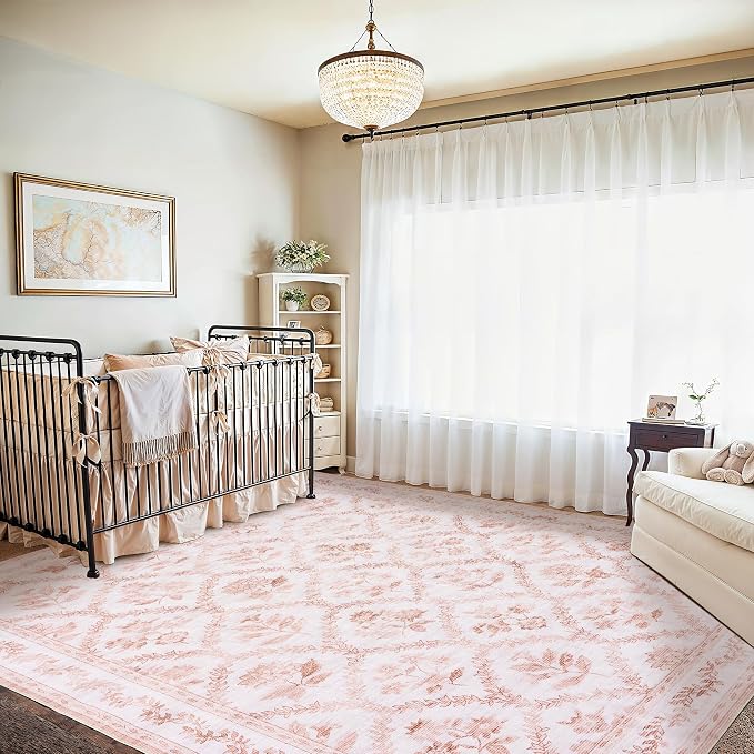 Pink Living Room Rug 5x8 Soft Boho Nursery Rug for Baby Girl, Light Blush Pink Carpet Non-Slip Faux Wool, Machine Washable Leaf Area Floral Distressed Carpet for Dining Room