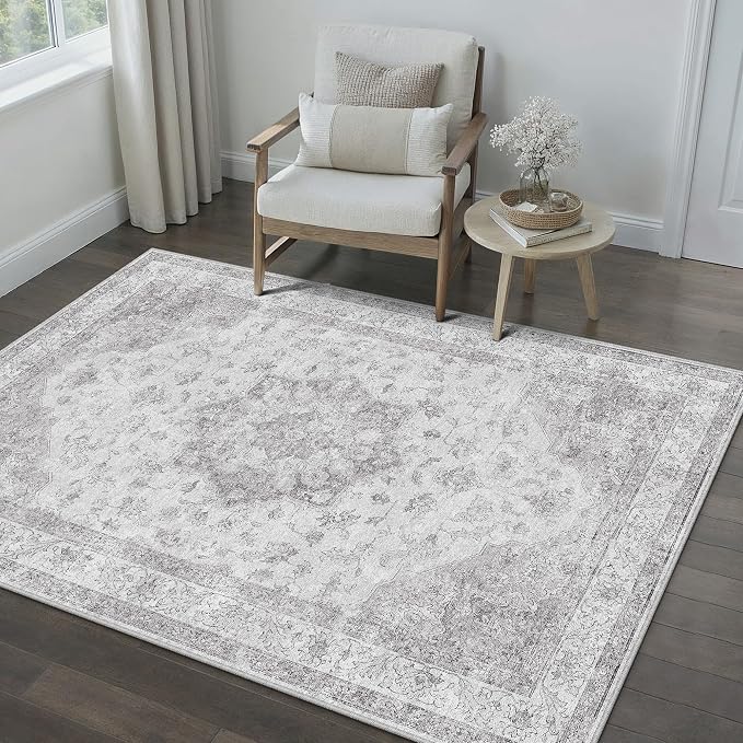 PureCozy Gray Area Rug 3x4 Washable Vintage Carpet Entryway Office Soft Retro Kitchen Low Pile Thin Door Mat Non Slip Grey Oriental Medallion Throw Small Rug for Bathroom Bedroom Dining Living Room