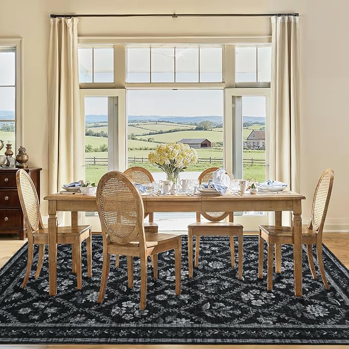 Black Floral 8x10 Area Rugs for Living Room, Black and White Bedroom Rug Boho Low-Pile Dining Room Washable Carpet 8x10, Vintage Soft Indoor Non-Slip Floor Carpet Nursery Kids Playroom