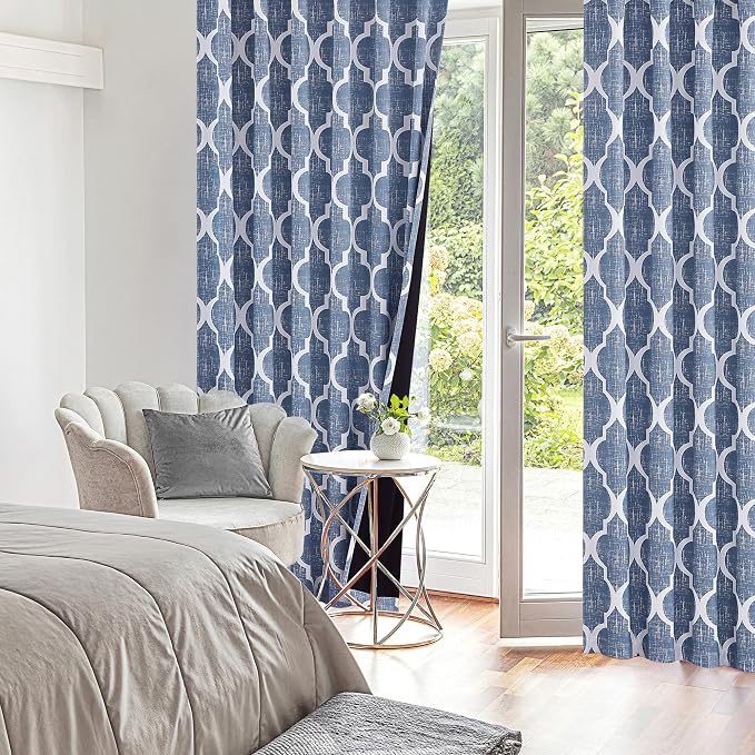Beauoop Moroccan 100% Blackout Curtains Bedroom Blue 50x84 2 Panels | Geometric Room Darkening Drapes for Living Room 84 Inch Long Thermal Insulated Soundproof Lattice Window Treatment Rod Pocket