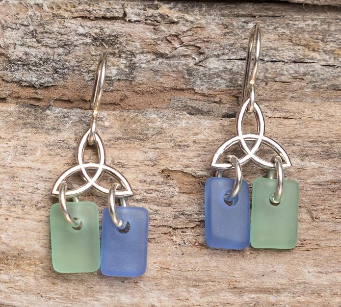 Sea Glass Celtic Knot Earrings - Sterling Drop Beach Earrings for Women by EcoSeaCo, using recycled and sustainable material. Handmade in the USA