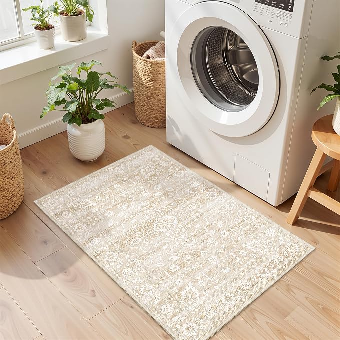 Soalmost 2x3 Area Rugs for Entryway, Washable Neutral Soft Rug Beige | Vintage Floral Low Pile Non-Slip Throw Rugs, Accent Rug Floral Indoor Mat for Bedside Living Room Kitchen Bedroom 2'x3'
