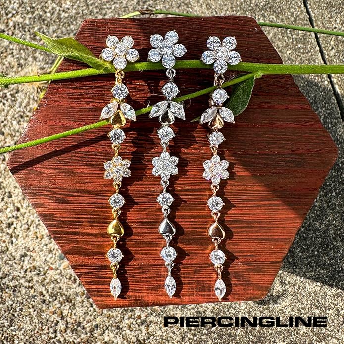 PIERCINGLINE surgical steel dangle belly button piercing with flower tendril - belly button ring surgical steel, gold, silver, rosegold piercing - new version with improved durability