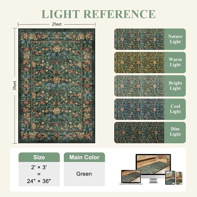 DUKINO 2x3 Entryway Rug, Washable Vintage Floral Area Rug, Green | Non Slip, Low Pile, Non-Shedding, Soft Indoor Door Mat, Small Front Door Throw Carpet for Bathroom Kitchen Entrance Bedroom