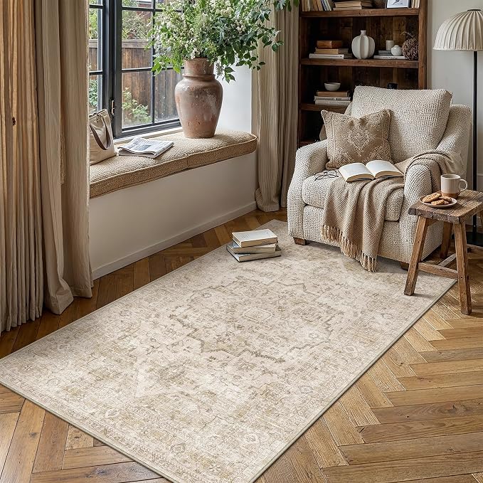 HUGEAR 3x5 Small Rugs Beige Machine Washable Rug Entryway Area Rug Room Decor Distressed Vintage Indoor Mat Non Slip Low Pile Carpet for Kitchen Living Bedroom Soft Lightweight