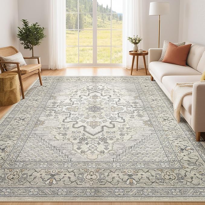Tortania Area Rug Living Room Rugs - 6x9 Washable Boho Rug Vintage Oriental Distressed Farmhouse Large Thin Indoor Carpet for Living Room Bedroom Under Dining Table Home Office - Beige Linen