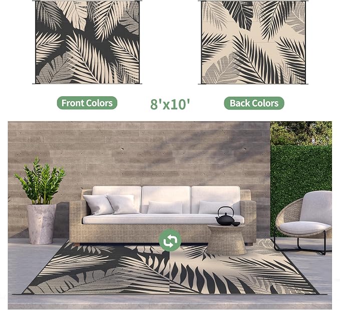 GENIMO Outdoor Rug, Waterproof Plastic Rugs for Patio, 8'x10' Black Beige | Outside Larger Leaf Carpet Mat for Porch Decor, Deck, Balcony, Camping, RV, Backyard, Picnic, Beach, Reversible, Foldable