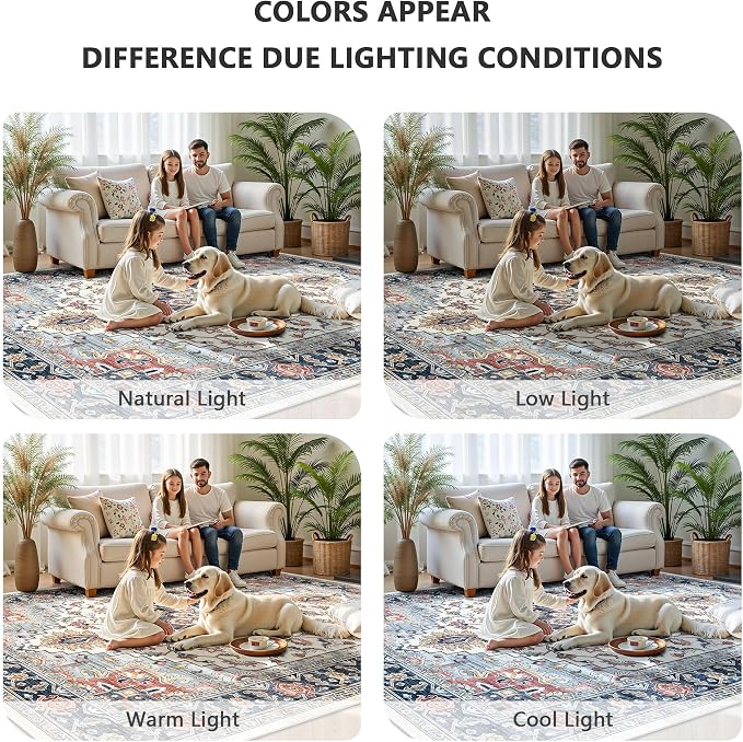 5x7 Area Rugs - Washable Rug Vintage Distress Boho Medallion Rugs for Living Room, Soft Non-Slip Backing Low Pile Carpet for Bedroom Dining Room Office Nursery Dorm Home, Blue Beige Orange