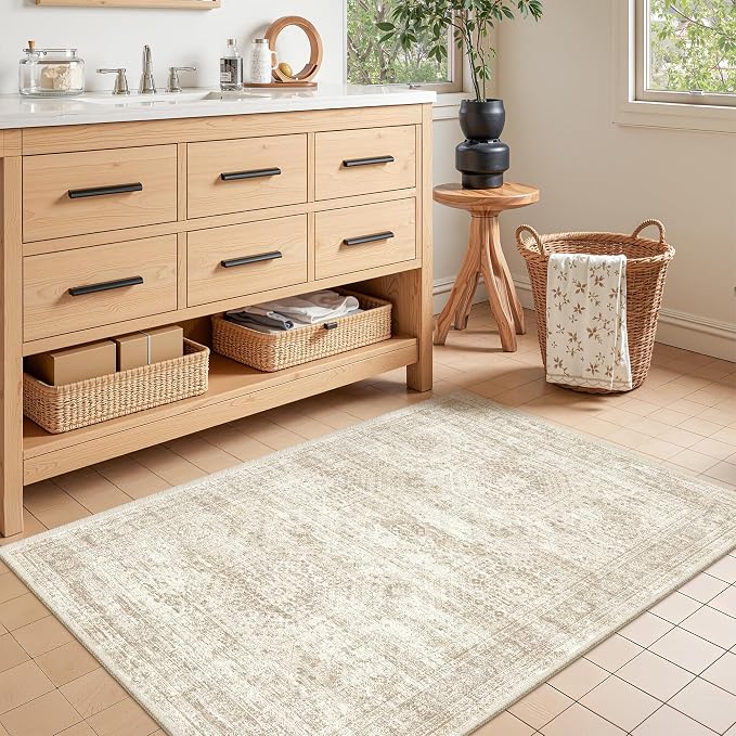 3x4 Rugs for Entryway,Washable Area Rug,Beige | Small Rug for Kitchen,Hallway,Bedroom,Bathroom,Thin,Soft, Neutral Rug,Stain Resistant Indoor Carpet,Non Slip