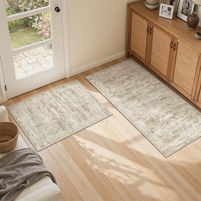 Kitchen Rugs Sets of 2, 2x3 2x4 Rug Runner,Brown | 2 Piece Washable Rug for Hallway,Entryway,Bedroom,Dining Room,Thin,Soft Runner Rug,Stain Resistant Indoor Carpet,Non Slip
