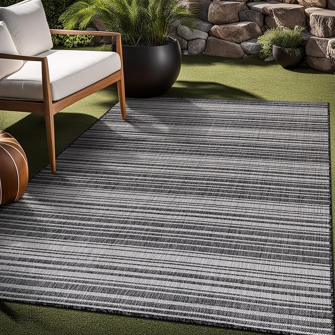 Luul Home Stripe Outdoor Rug 6x9 Washable Outside Carpet for Indoor Patio Porch Waterproof Easy Cleaning Non Shedding Area Rugs Dark Gray 6 x 9