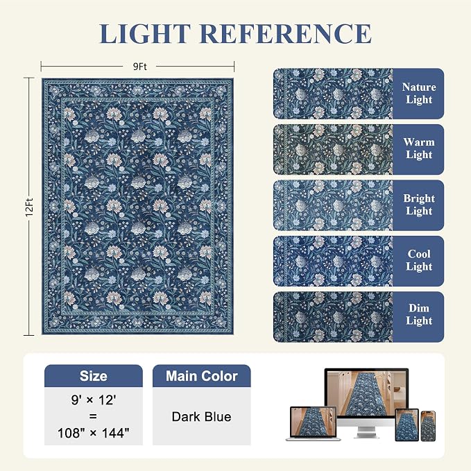 DUKINO 9x12 Area Rug for Living Room Vintage Floral Washable Rug, Dark Blue | Non Slip, Low Pile, Non-Shedding, Stain Resistant, Aesthetic Soft Indoor Large Carpet for Bedroom Dining Room Farmhouse
