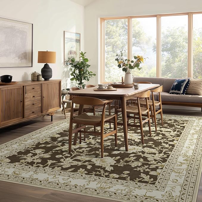 Browm Farmhouse Washable 9x12 Area Rugs for Living Dining Room Bedroom Office Kitchen Table Large Rug for Under Table, Beige Cream Taupe Sketch Pattern Floral Vintage Boho Farmhouse Home Decor