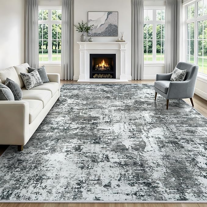 9x12 Area Rugs Living Room Rug Modern Abstract Neutral Washable Rugs Non Slip Soft Carpet Large Area Rug Low Pile Stain Resistant Non Shedding for Bedroom Nursery Dining Room Home Office Gray