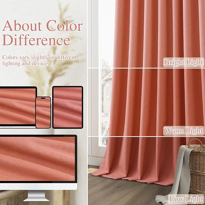 Guken Coral 100% Blackout Linen Curtains 120 Inch Length 2 Panels Set for Living Room Bedroom Back Tab/Rod Pocket Thermal Insulated Farmhouse Black Out Drapes Room Darkening,52x120