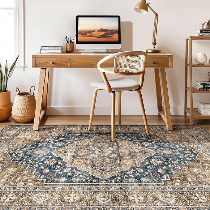 10x12 Area Rug Living Room: Washable Boho Large Neutral Vintage Soft Rugs Stain Resistant Farmhouse Non-Slip Indoor Floor Carpet for Bedroom Nursery Kids Office Dining Room Playroom- Yellow Blue