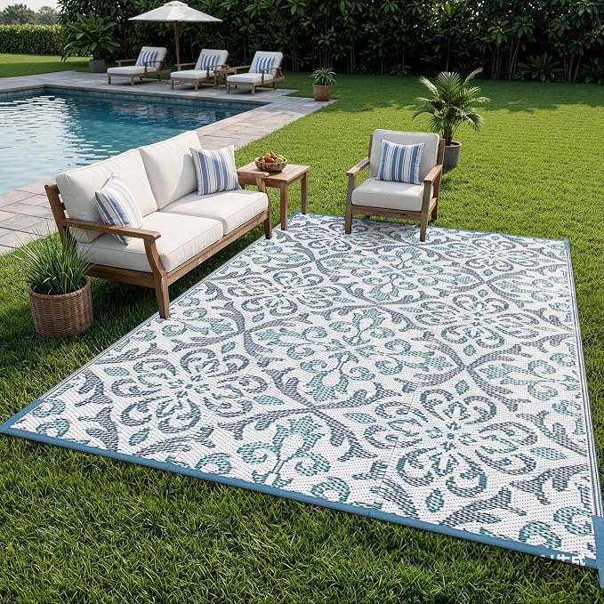 Lahome Patio Rug 6x9 Deck Rugs Outdoor Waterproof for Outside, Plastic Straw Rug Reversible Rv Mat,Large Portable Porch Floor Camping Carpet for Balcony Tent, Blue & White 6x9
