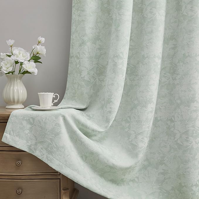 Beauoop Green Floral Jacquard Blackout Curtains for Bedroom 52x84 2 Panels | Flower Chenille Room Darkening Drapes for Living Room 84 Inch Long Thermal Insulated Soundproof Window treatment Grommet