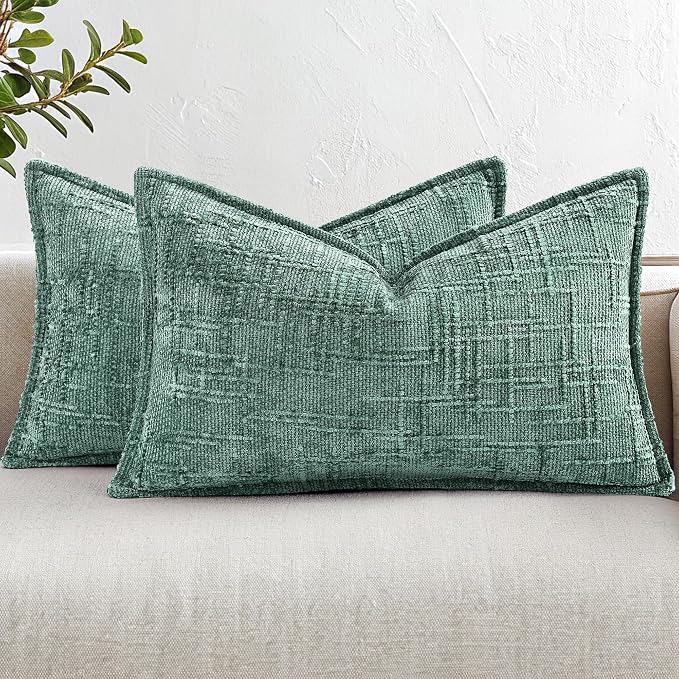 decorUhome Chenille Decorative Throw Pillow Covers 12x20 Set of 2,Aqua | Soft Texture, Slubby Modern Design, Flange Edges, Cozy Lumbar Accent Pillow Covers for Couch, Sofa, Bed, Living Room