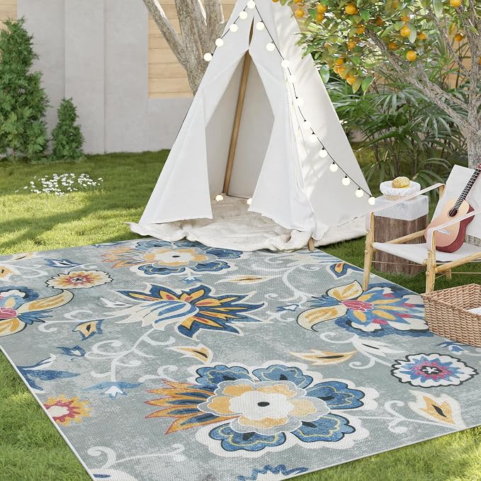 Lahome Floral Indoor Outdoor Rug, 5x8ft Non Slip Outdoor Patio Rug for Camping Picnic, Portable Outdoor Carpet for Balcony Deck Backyard, Washable RV Mat Outdoor Rugs for Living Room Bedroom,Multi