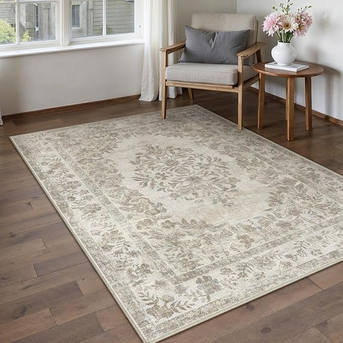 PureCozy 3x5 Area Rug Beige Washable Office Vintage Distressed Carpet Bedroom Indoor Medallion Floral Living Room Non Slip Retro Throw Floor Mat for Dining Room Kitchen Bathroom