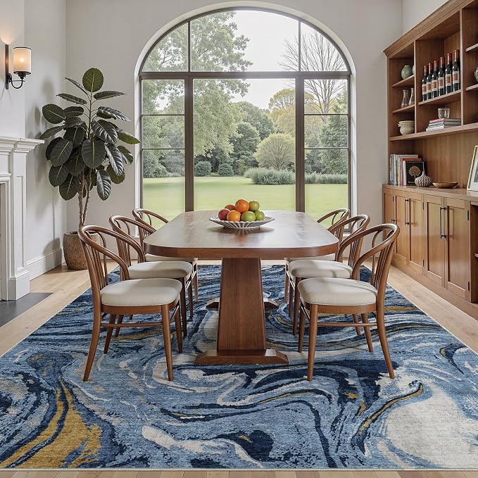 DMOYEST 10x12 Area Rug for Living Room - Washable Neutral Modern Abstract Rugs Soft Non-Slip Carpet Low Pile Indoor Floor Mat for Bedroom & Dining Room Decor for Families with Kids and Pet- Dark Blue