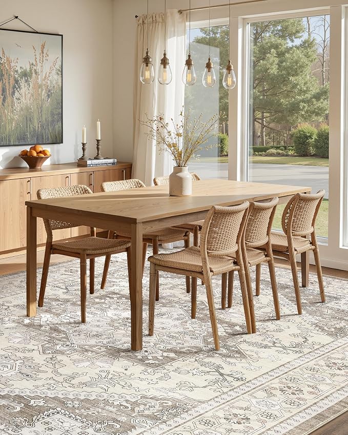 6x9 Vintage Area Rug: Washable Neutral Soft Non Slip Thin Large Floor Carpet for Living Room Bedroom Kitchen Dining Room Home Office Farmhouse Indoor - Brown