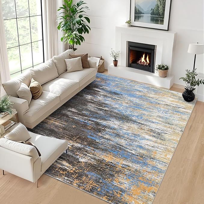 ROYHOME Washable Rug 5x7 Abstract Area Rug for Living Room, Non Slip Foldable Soft Rugs for Bedroom, Stain Resistant Rugs Modern Fuzzy Rug, Indoor Floor Carpet for Entryway Home, Blue/Brown