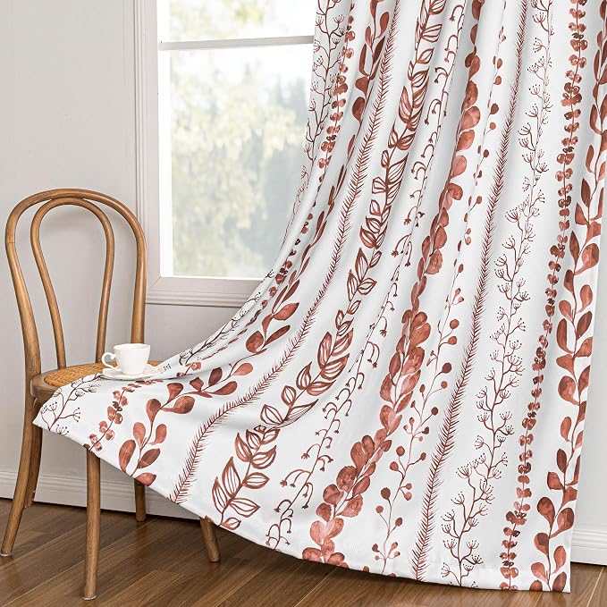 MEETSKY Boho Terracotta Blackout Curtains 63 Inches Long 2 Panels for Bedroom - Burnt Orange Curtains for Living Room Thermal Insulated Rod Pocket Drapes, Leaf Print Window Treatment, 50" Wide