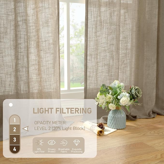 LAMIT Taupe Semi Sheer Linen Curtains 60 Inch, Light Filtering Neutral Window Panels Farmhouse Boho Back Tab and Rod Pocket Drapes for Bedroom, 2 Panels, 52 x 60 Inch