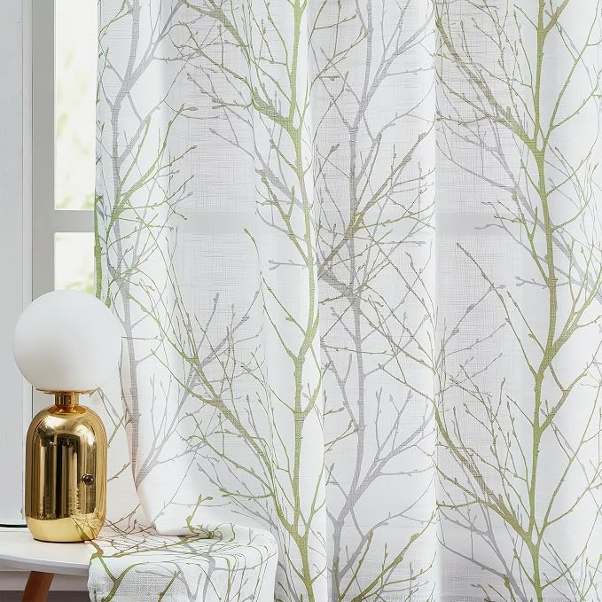 FMFUNCTEX Linen Sage Green White Semi Sheer Print Curtains 54 Inch 2 Panels | Short Sheer Branch Patterned Drapes, Light Filtering Grommet Panels for Kitchen, Bathroom, Cafe Windows and Farmhouse Curtain