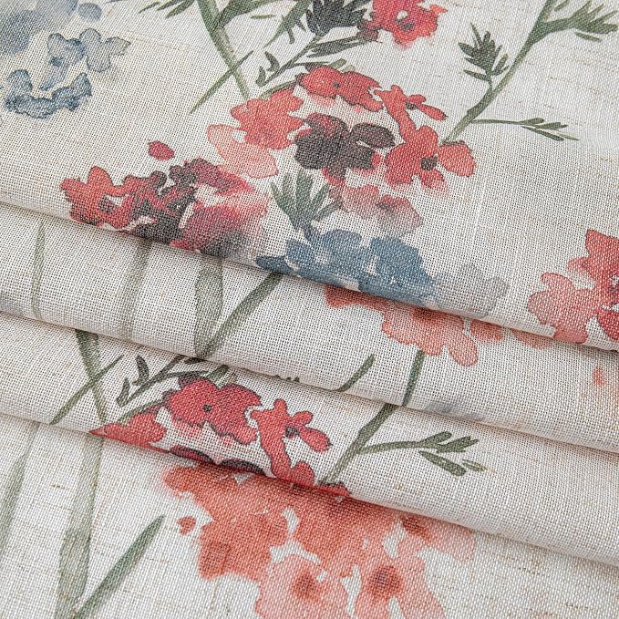 MYSKY HOME Floral Linen Curtains 95 inch Length 2 Panels Set for Living Room Patterned Semi Sheer Light Filtering Privacy Farmhouse Grommet Drapes for Bedroom Small Window, 52" Wide Each Panel, Red