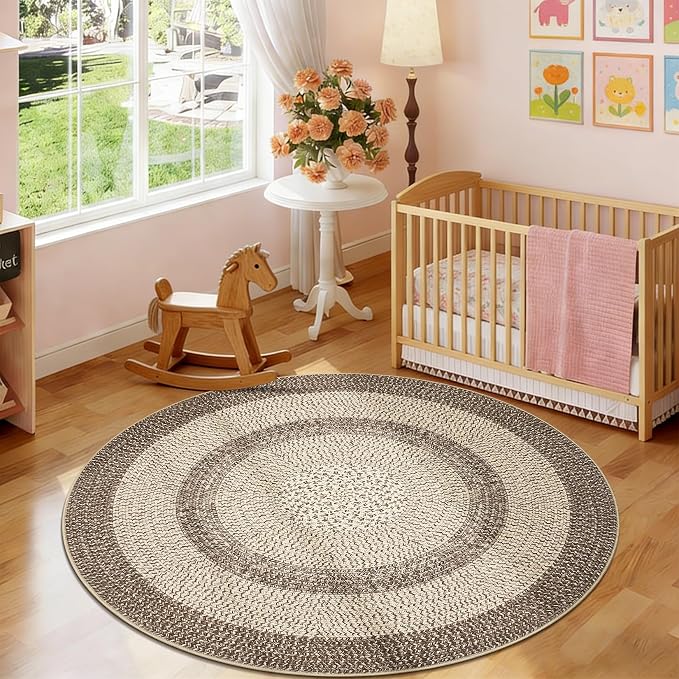 Modern Bordered Round Area Rug 4ft Washable Bedroom Circle Rugs Non Slip Stain Resistant Dining Room Round Throw Carpet Contemporary Circle Mats for Living Room Kitchen Nursery, Camel