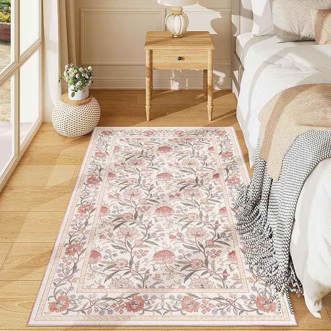 DUKINO 3x5 Rug Washable Vintage Floral Bedroom Area Rug Non Slip Beige Pink | Low Pile, Non-Shedding, Stain Resistant Boho Lightweight Soft Indoor Carpet for Bathroom Office Dining Living Room Farmhouse