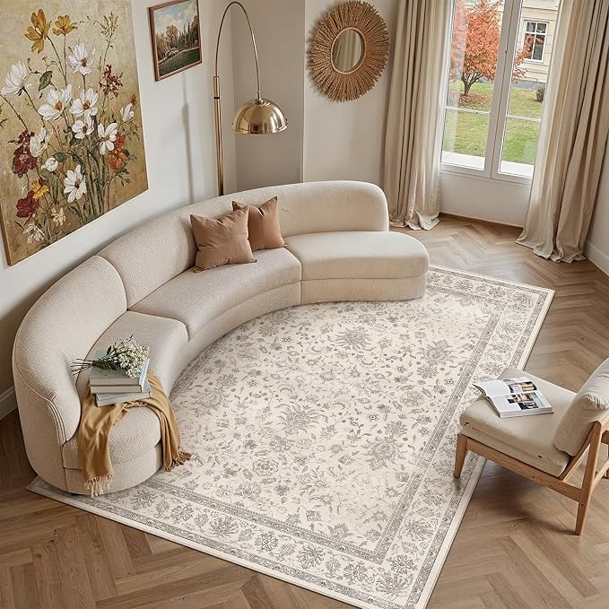 PureCozy 9x12 Area Rug Beige Washable Vintage Carpet Living Room Bedroom Large Non Slip Stain Soft Resistant Low Pile Thin Boho Accent Indoor Throw Rug for Dining Room Office