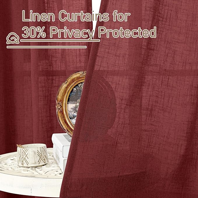 LAMIT Red Linen Curtains 40 Inch Length, Semi Sheer Light Filtering Panels Back Tab and Rod Pocket Christmas Decor Drapes for Small Windows/Kitchen, Burgundy Red, 2 Panels, 34 x 40 Inch