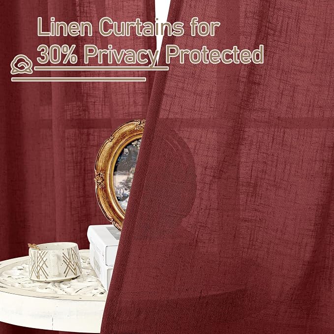 LAMIT 36 Inch Length Linen Curtains for Small Windows, Semi Sheer Light Filtering Panels Back Tab and Rod Pocket Christmas Decor Drapes for Basement/Kitchen, Burgundy Red, 2 Panels, 34 x 36 Inch