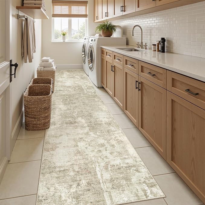 Soalmost Runner Rug 2x10 Washable Non-Slip Hallway Runner Rugs for Kitchen Bathroom Laundry Room Beige Gray Vintage Floor Carpet Runners for Hallways Entryway