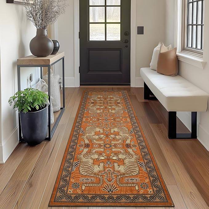 GarveeHome Tiger Print 2'6"x8' Washable Non Slip Runner Rugs for Hallways, Boho Terracotta Kitchen Runner Ultra Thin Soft Vintage Tribal Indoor Throw Floor Carpet for Entryway Bedroom Bathroom