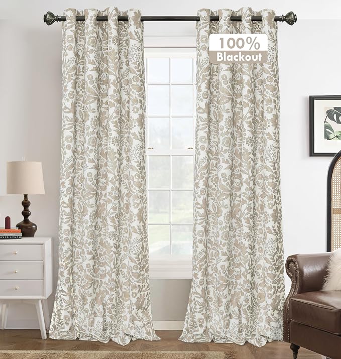 DriftAway Julia 100% Blackout Curtains Grommet 2 Panels, W52xL96, Beige | Floral Curtains, Bedroom, Living Room, Linen Blend, Watercolor Pattern, 2 Layers, Thermal Insulated, Window Treatment