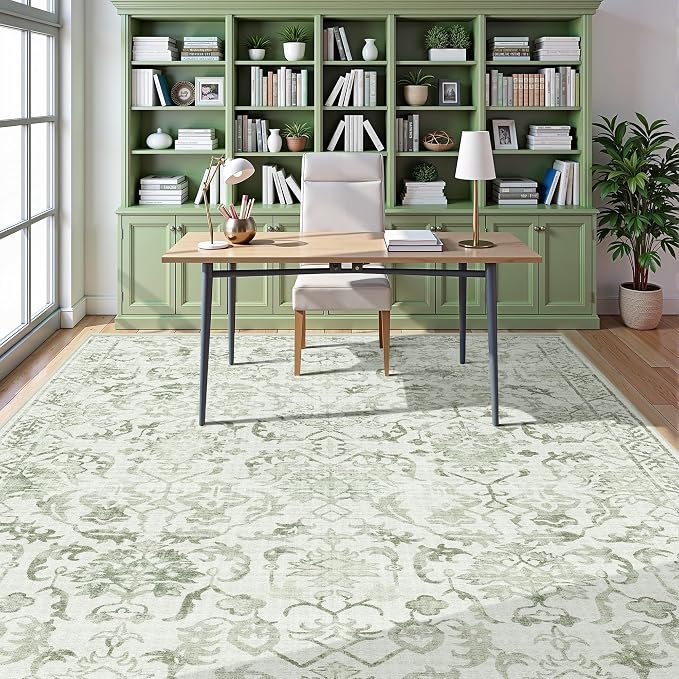 Deerly Sage Neutral Large Area Rug 9x12 for Living Room, Washable Rug for Dining Room Bedroom, Anti-Slip Low-Pile and Soft Accent Rug Farmhouse Office Home Decor Light Green