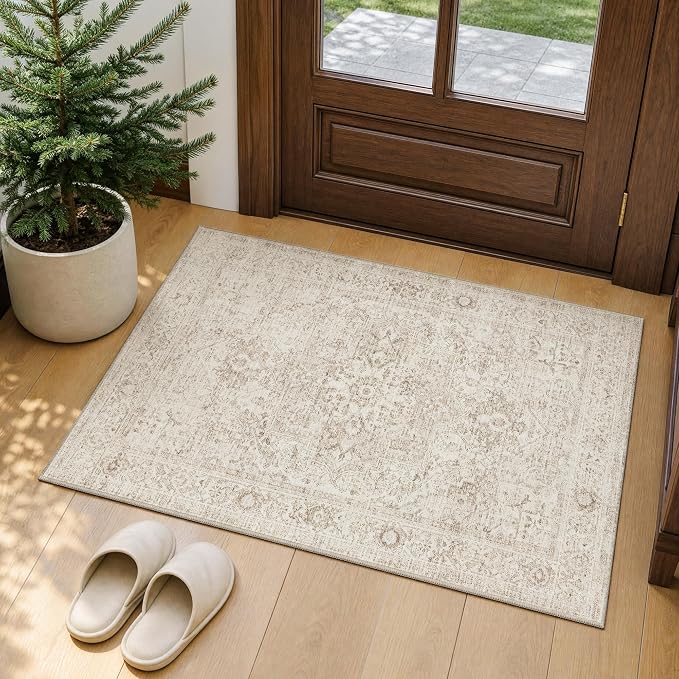 FMFUNCTEX Entryway Rug 2x3 Washable Beige Vintage Distressed Oriental Door Mat Non Slip Low Pile Indoor Carpet Soft Retro Small Throw Area Rugs for Entry Way Entrance Bedroom Kitchen Bathroom Laundry
